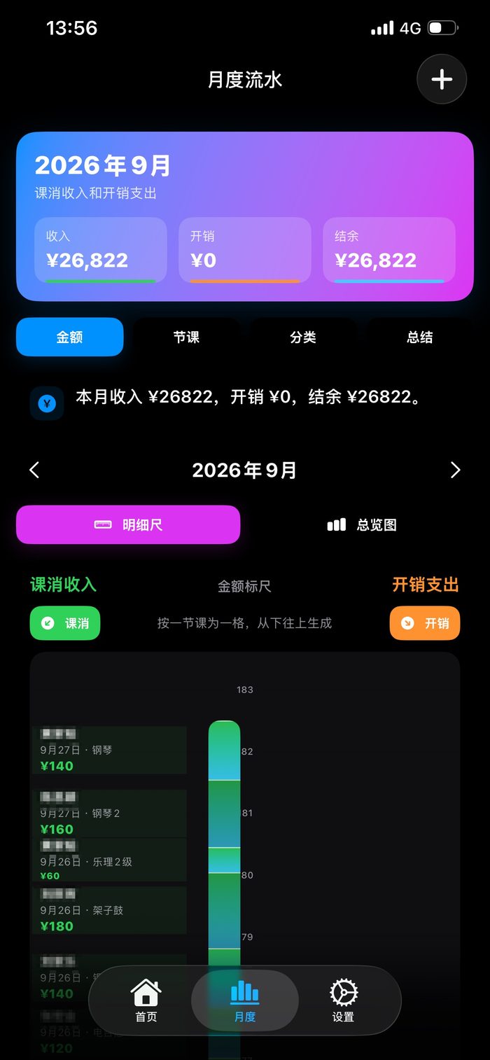 极简签月度流水界面